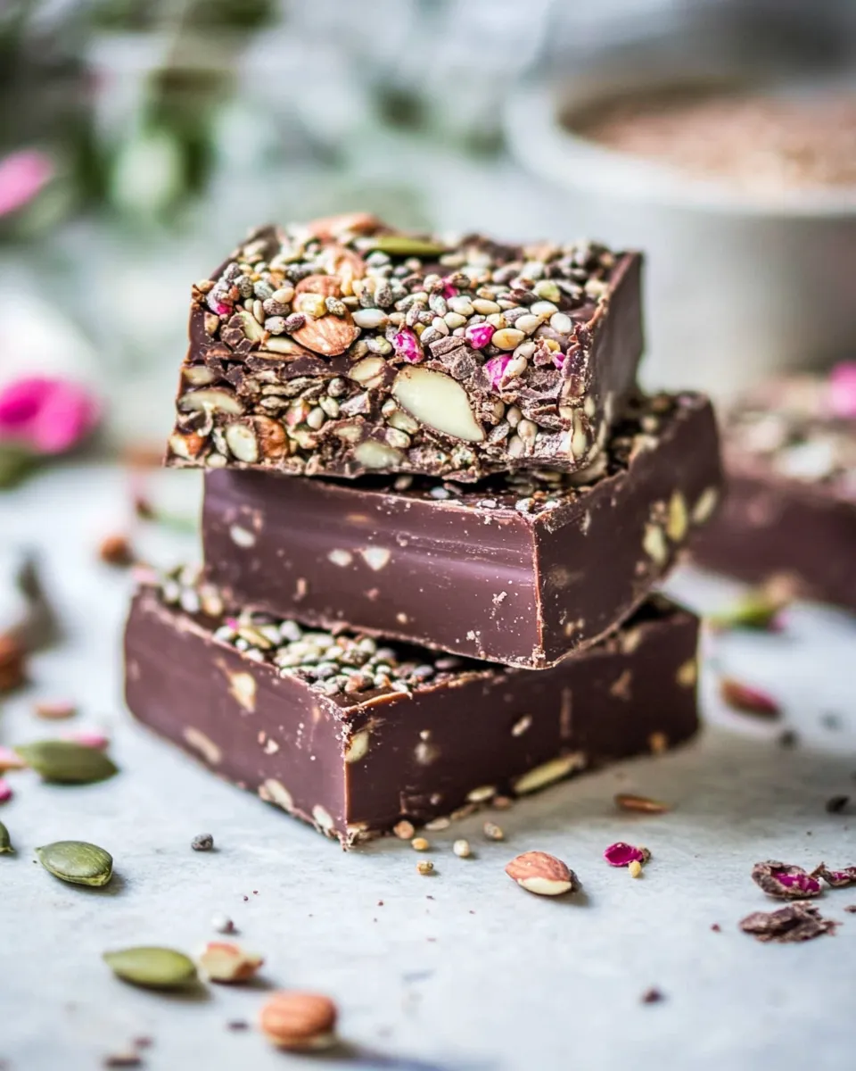 Homemade 10 Minute Magical Chocolate Almond Butter Superfood Seed Bars. food shot