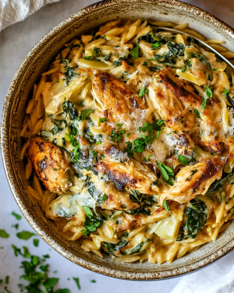 Delicious 25 Minute Spinach and Artichoke Chicken Orzo. dish image