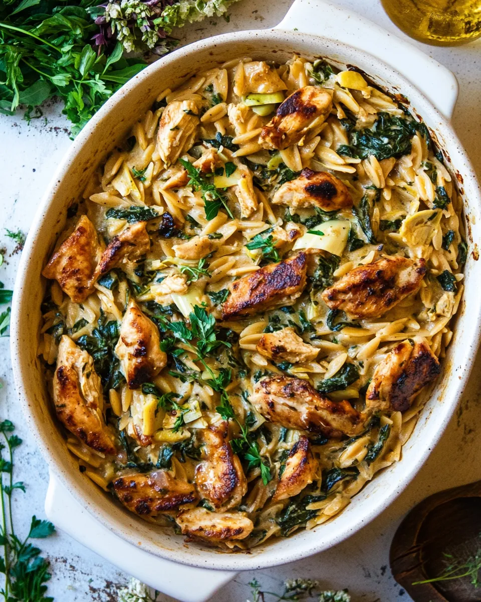 Tasty 25 Minute Spinach and Artichoke Chicken Orzo. recipe image