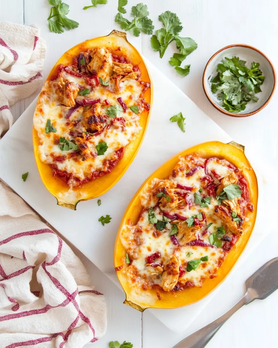 Delicious BBQ Chicken Pizza Spaghetti Squash Boats shot