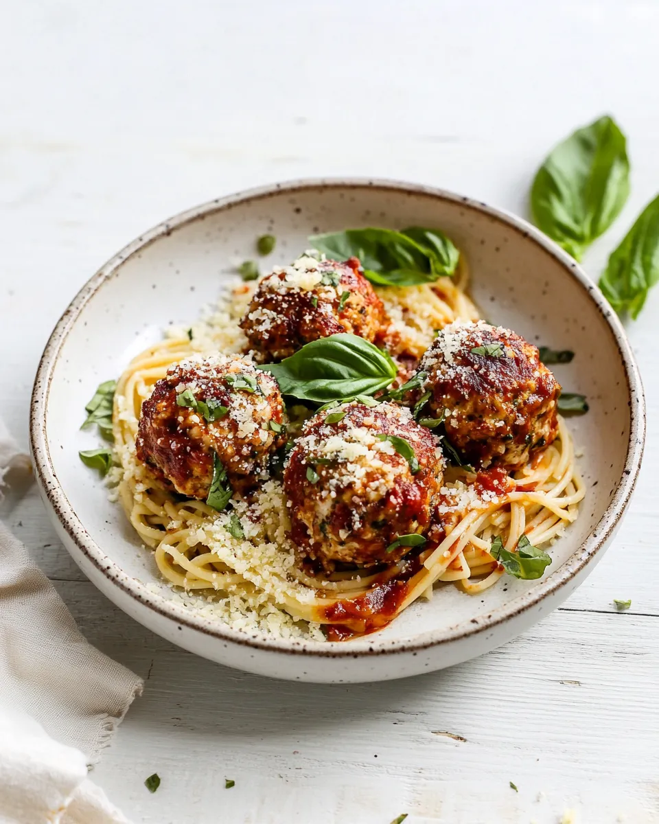 Perfect Baked Chicken Parmesan Meatballs with Roasted Garlic Spaghetti. shot