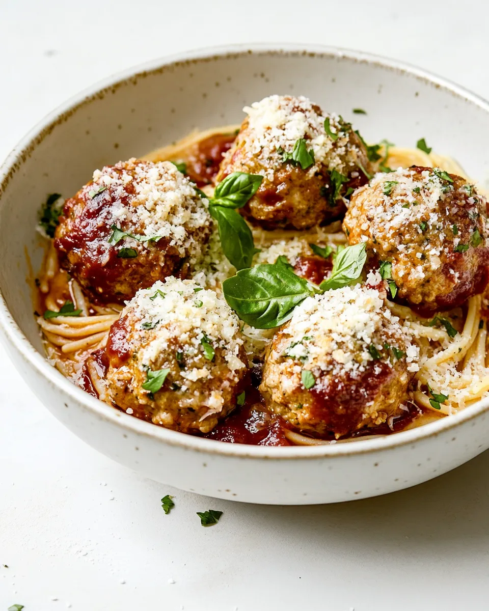 Sweet Baked Chicken Parmesan Meatballs with Roasted Garlic Spaghetti. image