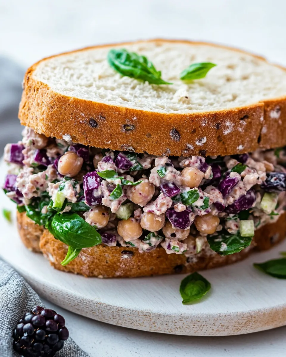 Homemade Blackberry Vegan Chickpea Salad Sandwich With Basil photo
