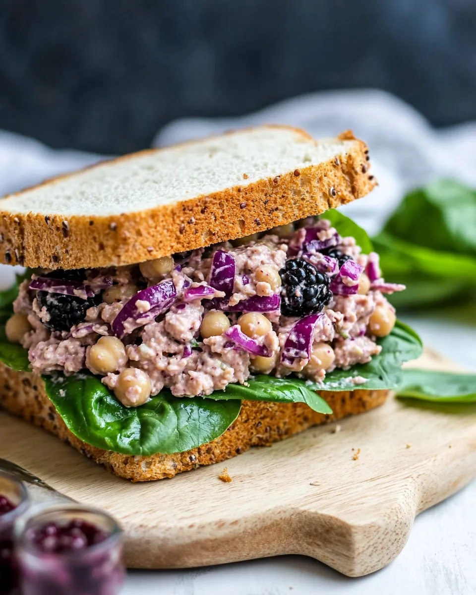 Fresh Blackberry Vegan Chickpea Salad Sandwich With Basil dish photo