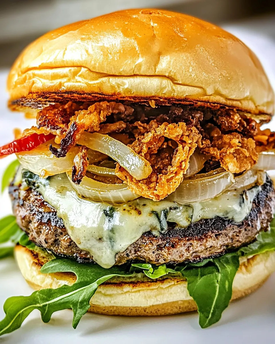 Delicious Blue Cheese Burgers with Crispy Fried Onion shot