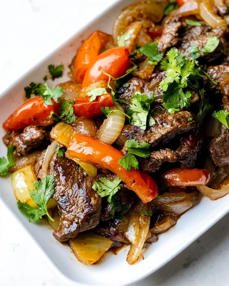 Delicious Carne en Bistec Colombian Steak with Onions and Tomatoes shot