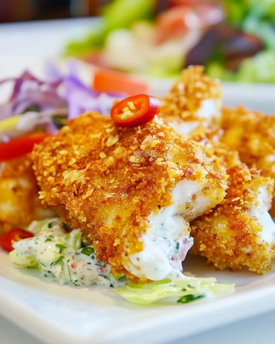Savory Cornflake Crusted Fish with Chili Tartar Sauce shot