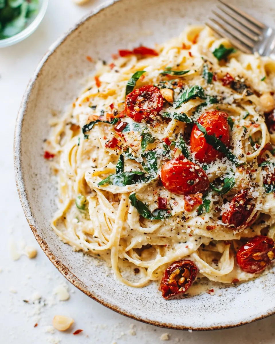 Delicious Creamy Cauliflower Pasta with Garlic & Roasted Tomatoes shot