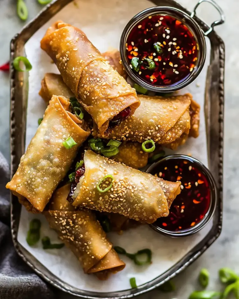 Classic Crispy Sesame Ginger Egg Rolls with Sweet Chili Sauce. shot