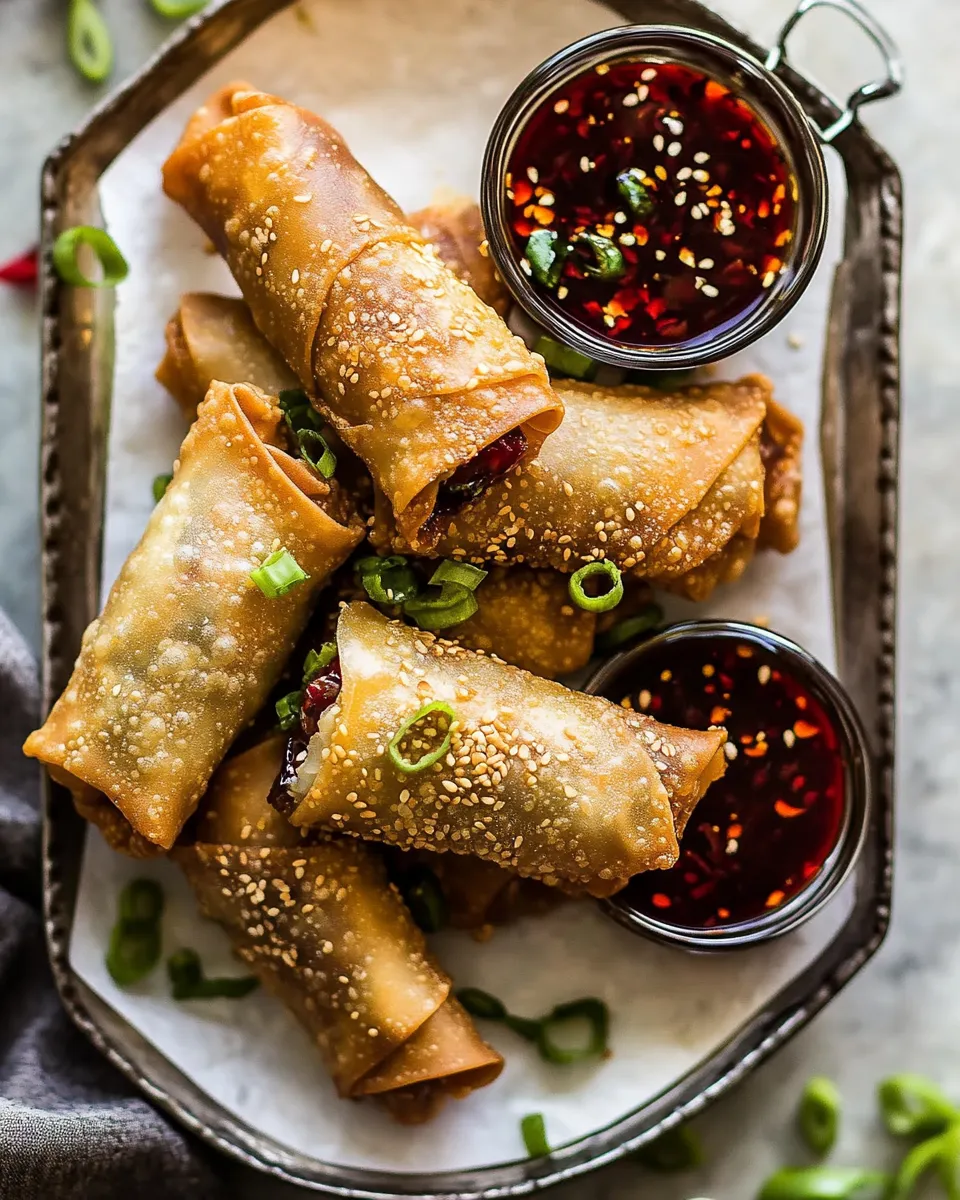 Classic Crispy Sesame Ginger Egg Rolls with Sweet Chili Sauce. shot