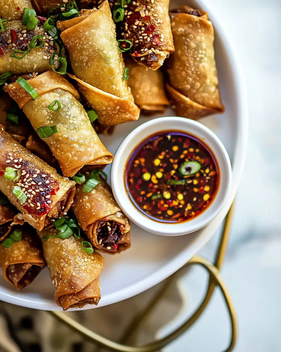 Delicious Crispy Sesame Ginger Egg Rolls with Sweet Chili Sauce. food shot