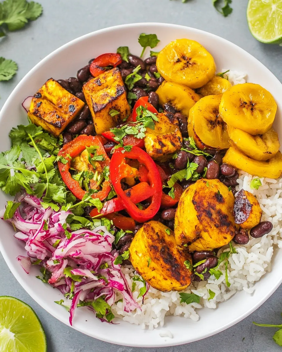 Delicious Cuban Black Beans and Rice with Roasted Peppers and Plantains shot