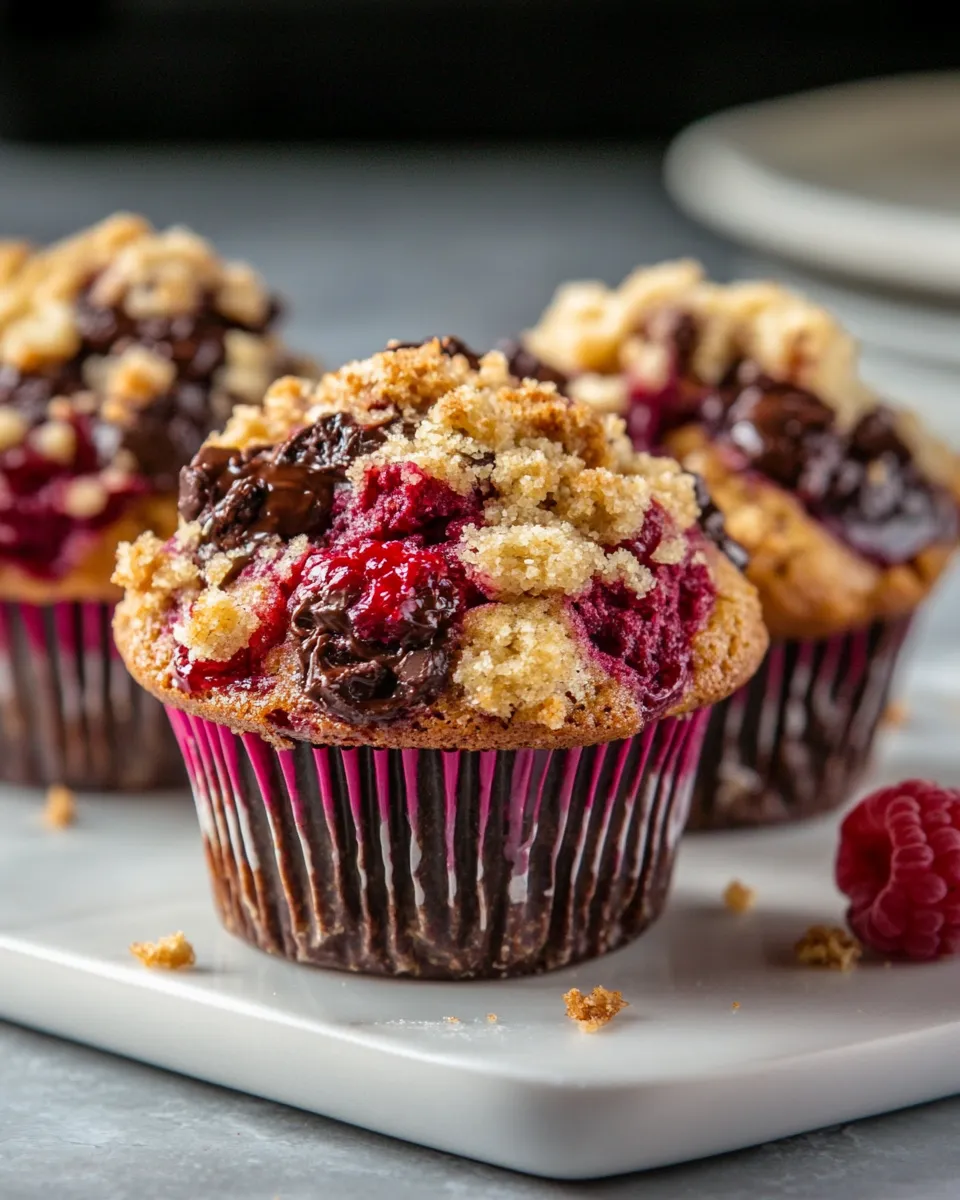 Delicious Dark Chocolate Chunk Raspberry Crumb Muffins dish photo