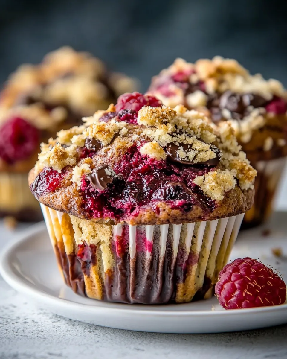 Easy Dark Chocolate Chunk Raspberry Crumb Muffins food shot