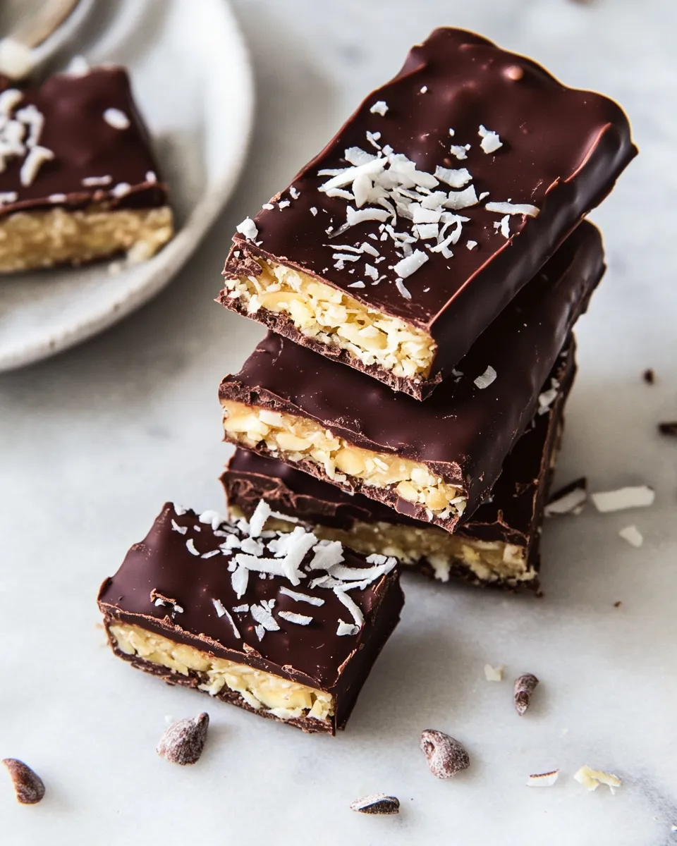 Fresh Dark Chocolate Covered Coconut Bars. photo