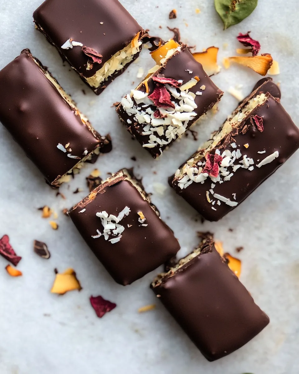 Savory Dark Chocolate Covered Coconut Bars. food shot