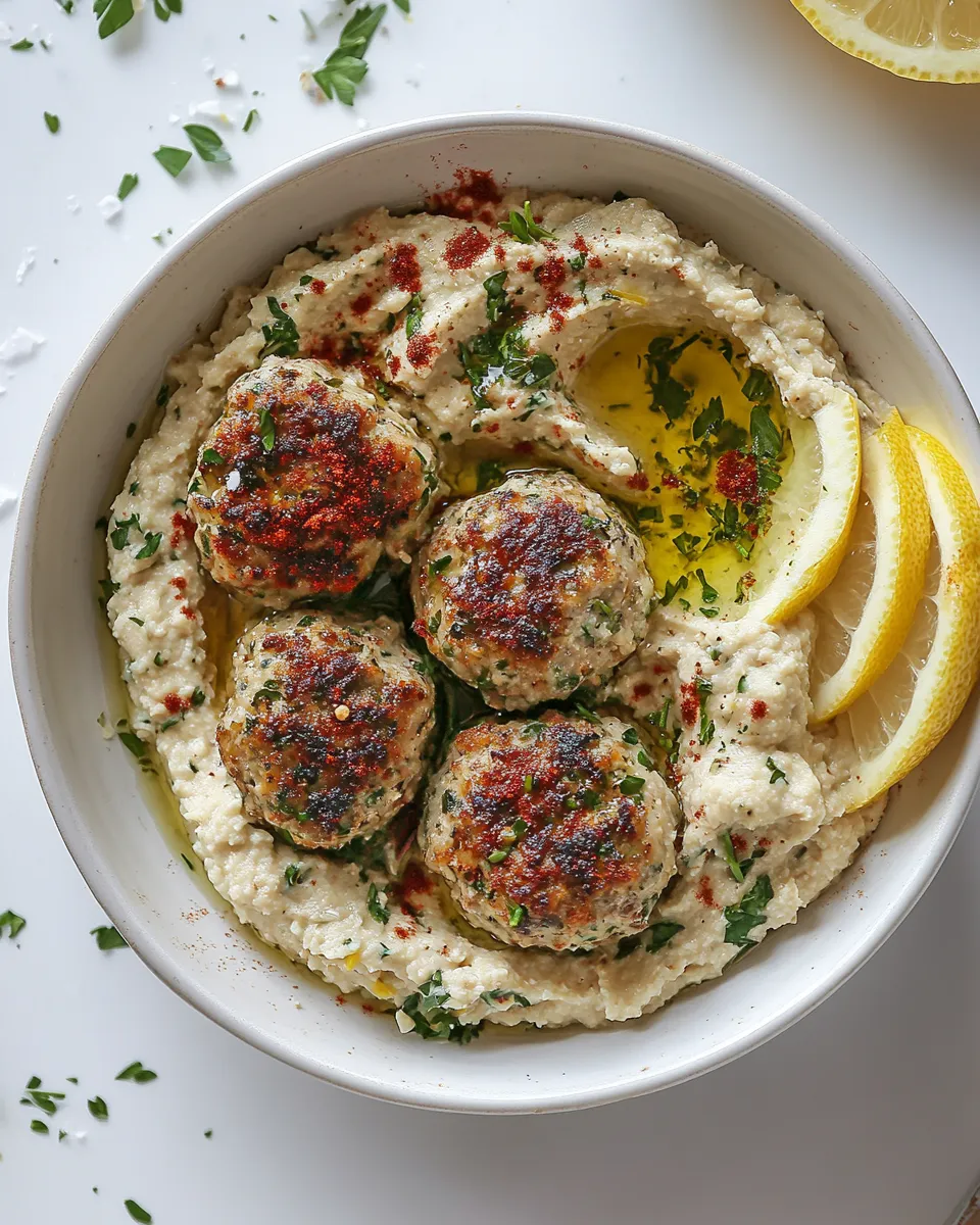 Easy Herby Lemon Chicken Meatballs and Hummus. photo