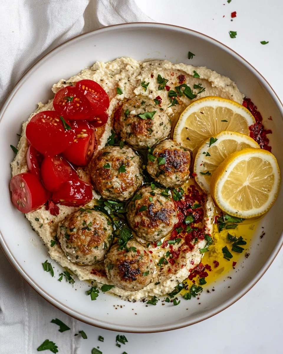 Savory Herby Lemon Chicken Meatballs and Hummus. dish photo