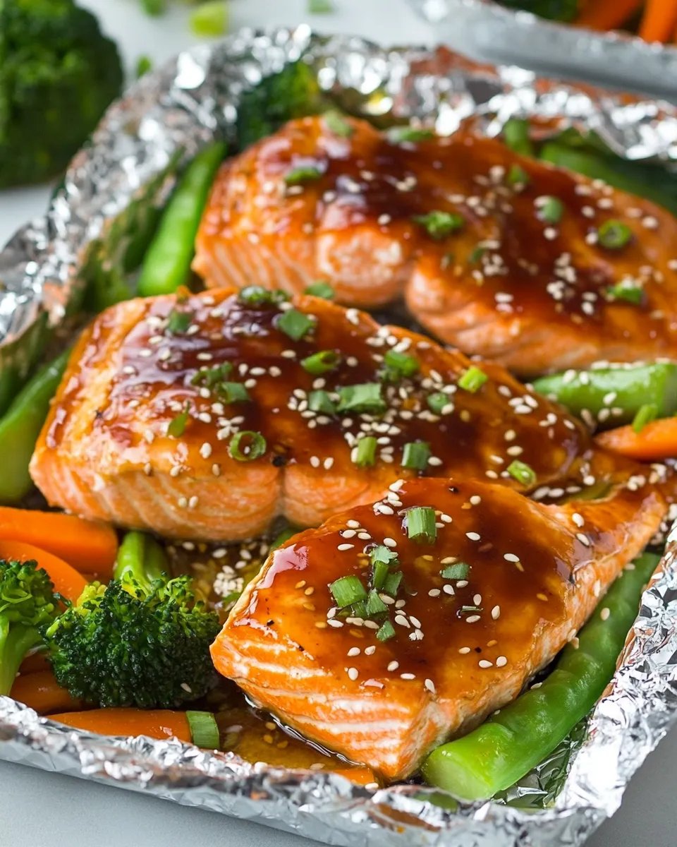Healthy Honey Teriyaki Salmon and Veggies in Foil dish photo