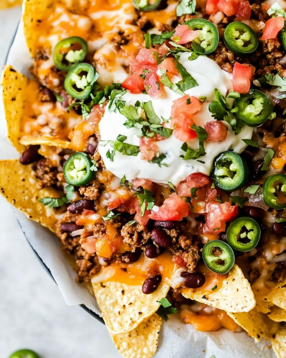 Easy Loaded Nachos with Ground Turkey, Beans and Cheese food shot