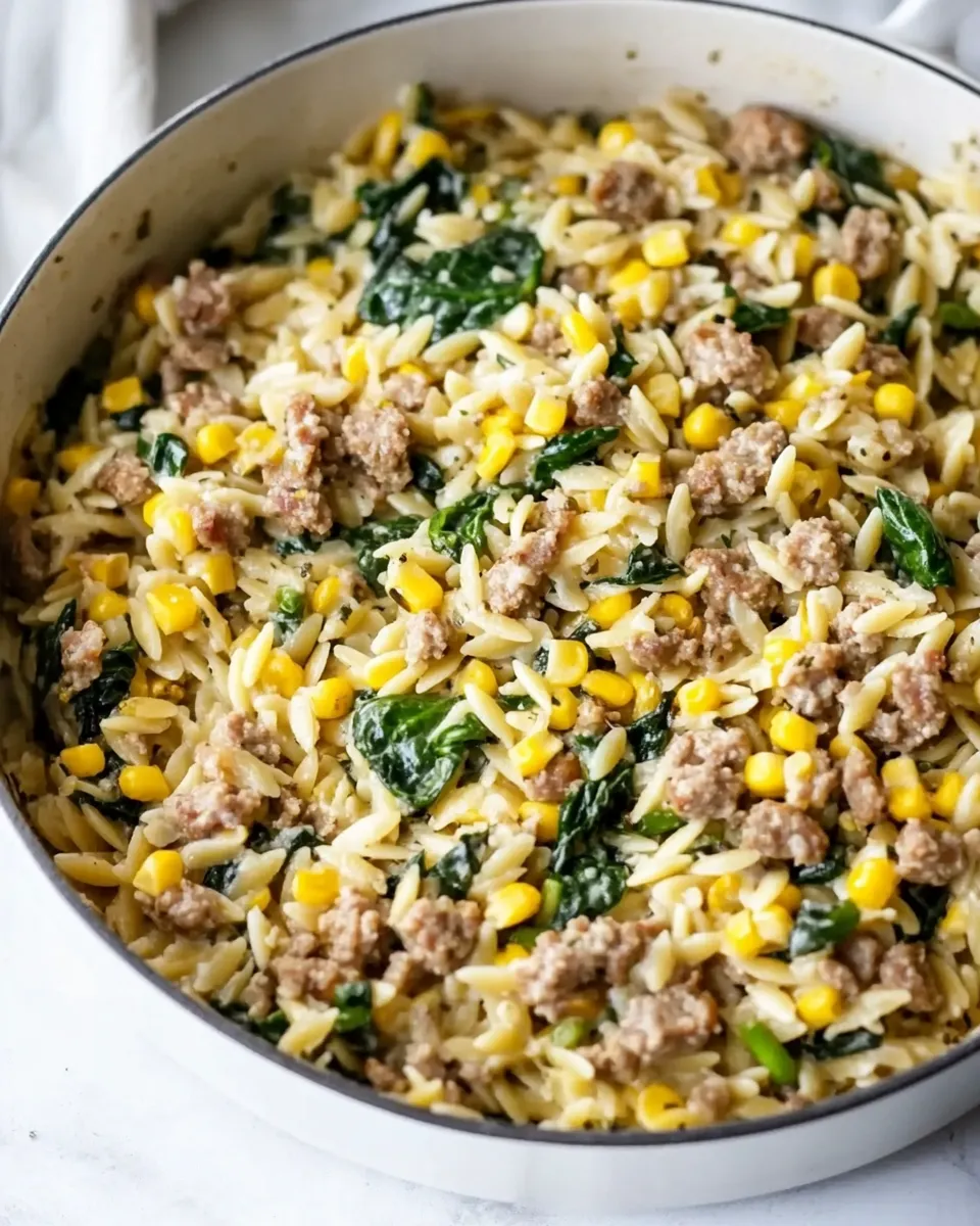 Homemade One-Pot Orzo with Sausage, Spinach and Corn photo