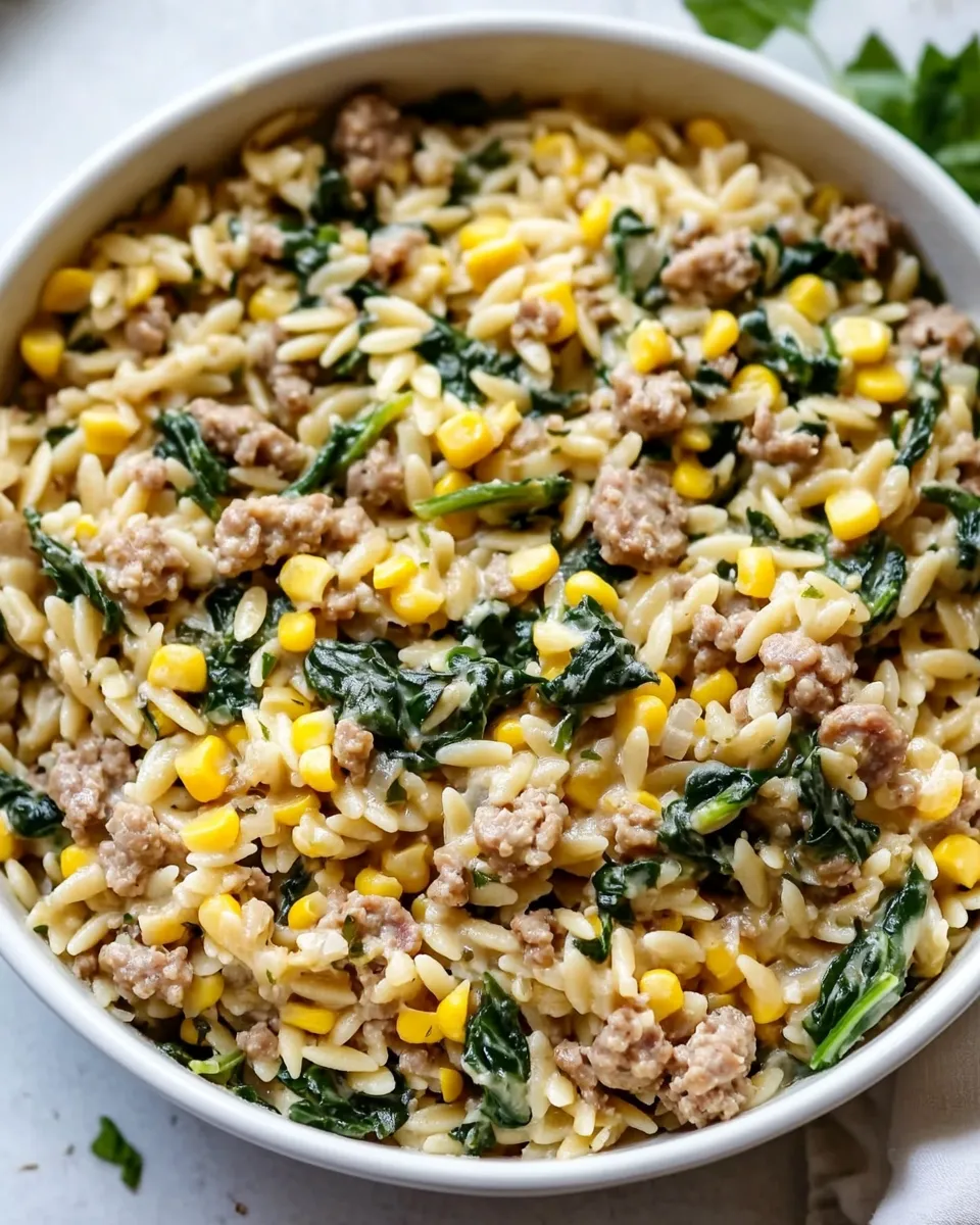 Delicious One-Pot Orzo with Sausage, Spinach and Corn shot