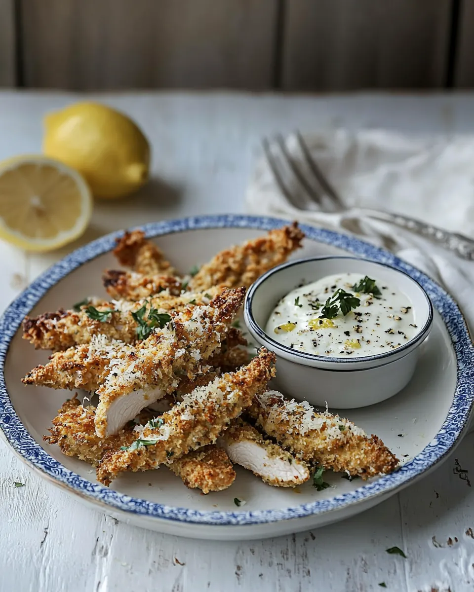 Delicious Oven baked chicken goujons with parmesan & lemon dish photo