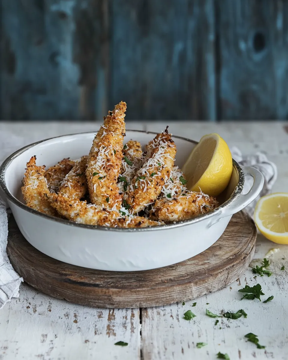 Easy Oven baked chicken goujons with parmesan & lemon food shot