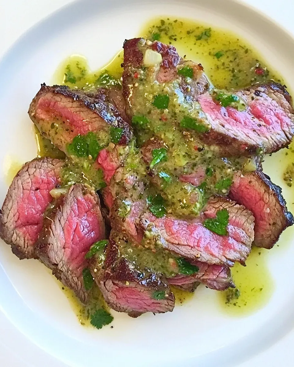 Easy Pan-Seared Flat Iron Steak with Spicy Cilantro Sauce shot