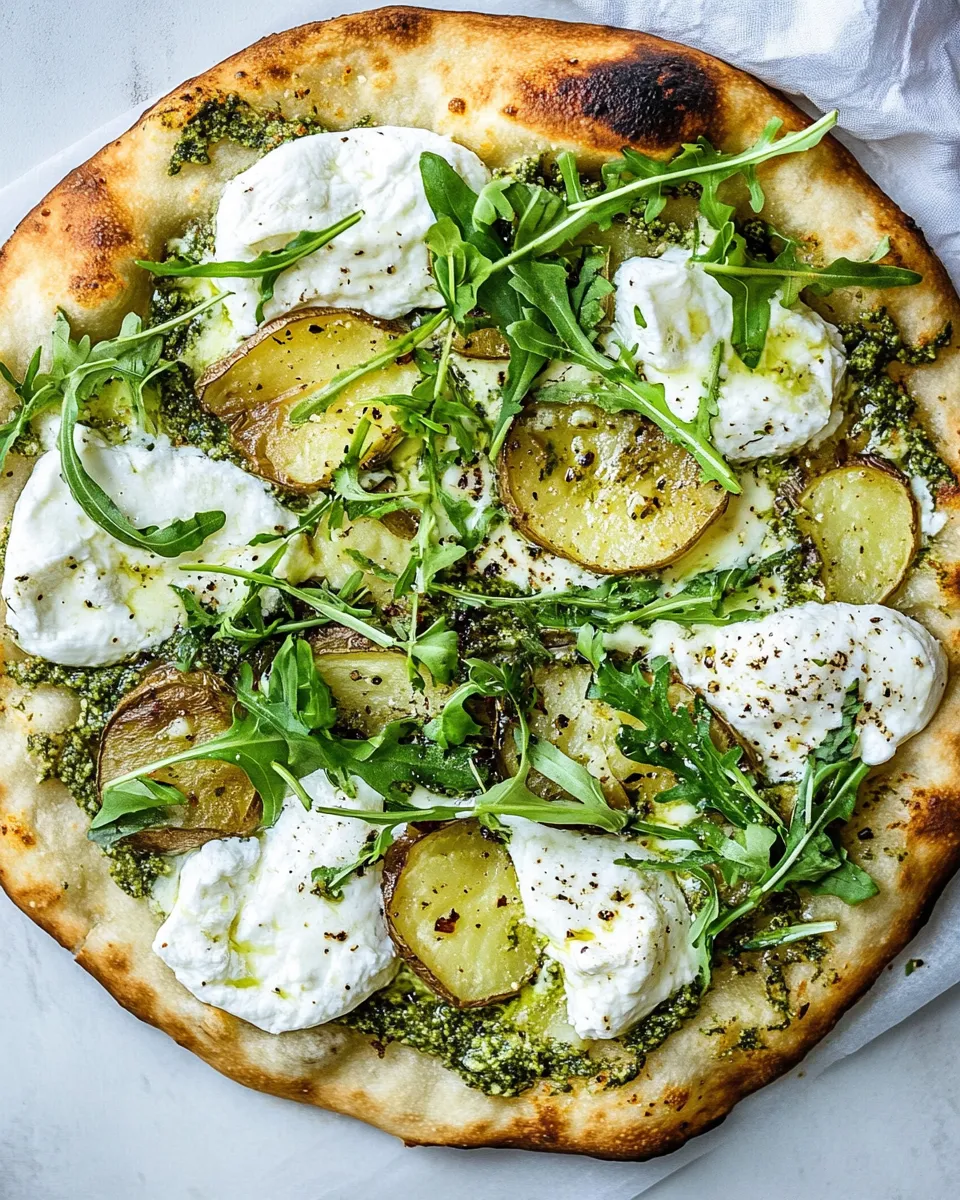 Sweet Pesto Potato Burrata Pizza with Spicy Arugula. recipe photo
