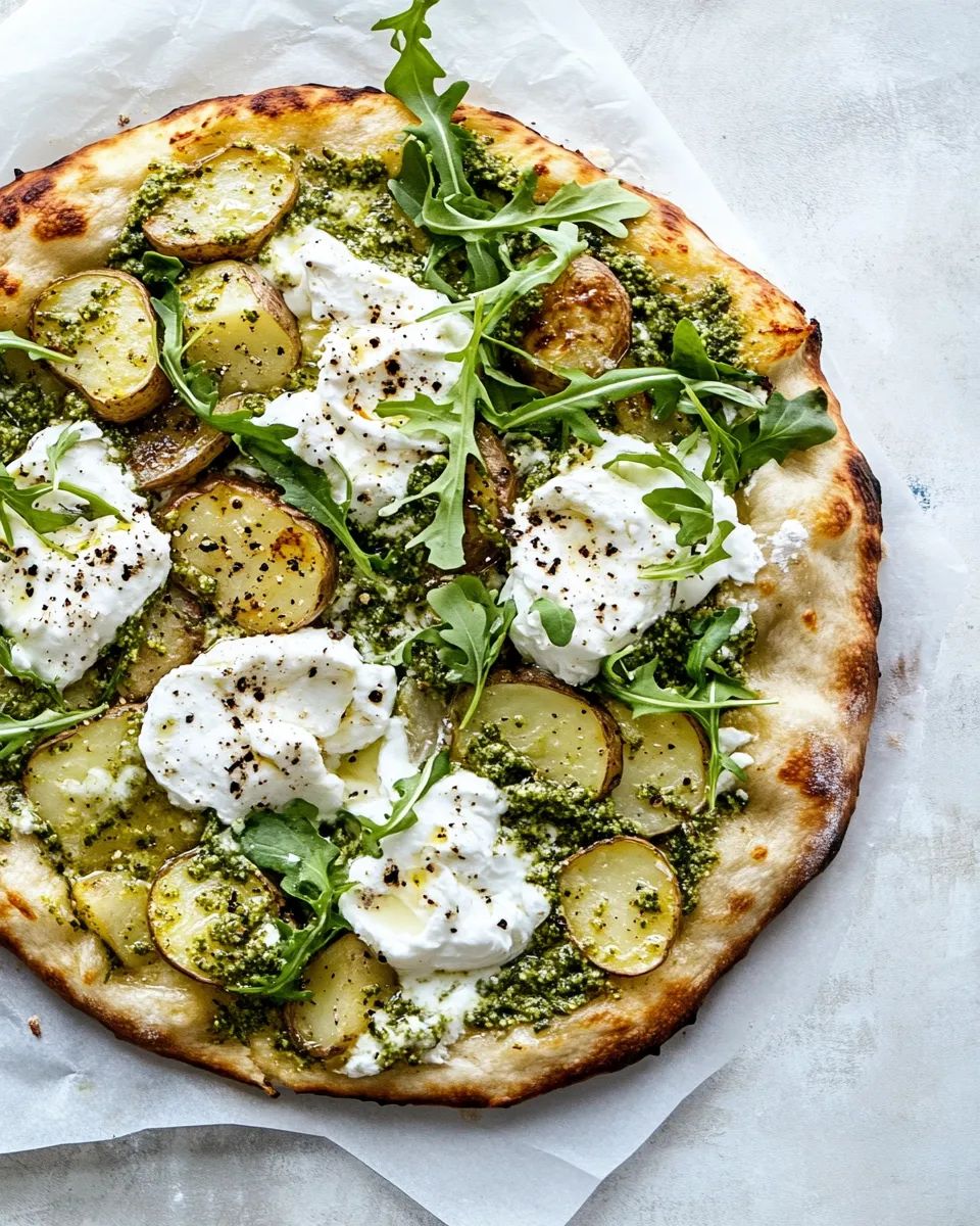 Amazing Pesto Potato Burrata Pizza with Spicy Arugula. food shot