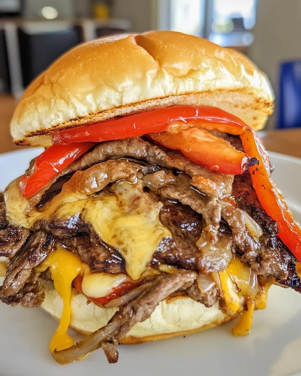 Easy Philly Cheesesteak Burgers Smashed on the Flatrock recipe photo