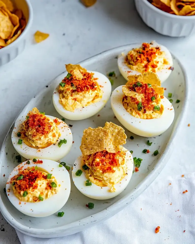 Quick Pimento Cheese Deviled Eggs with Crushed Potato Chips. recipe image