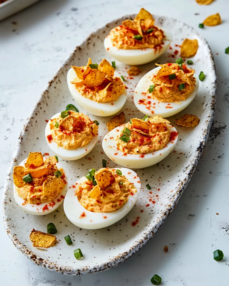 Quick Pimento Cheese Deviled Eggs with Crushed Potato Chips. recipe photo