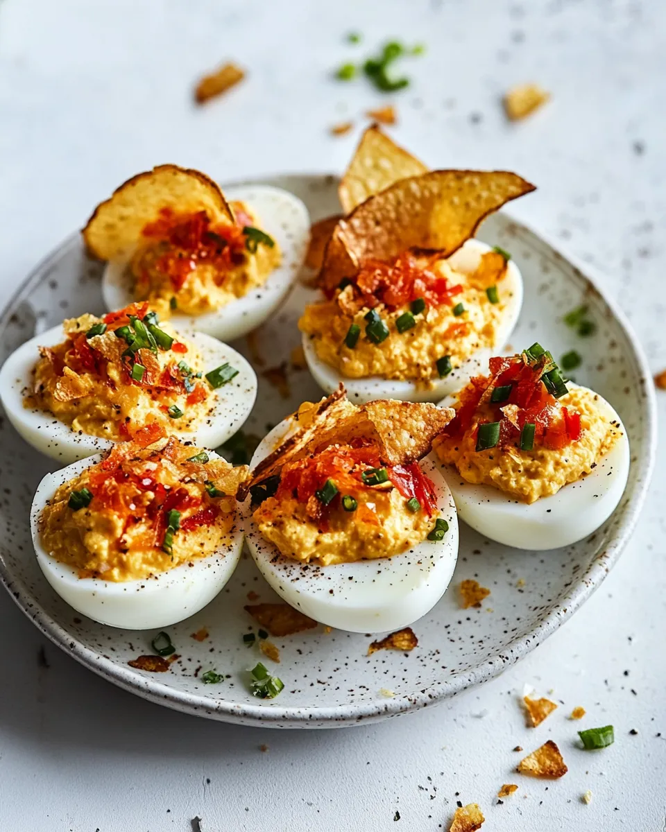 Sweet Pimento Cheese Deviled Eggs with Crushed Potato Chips. image