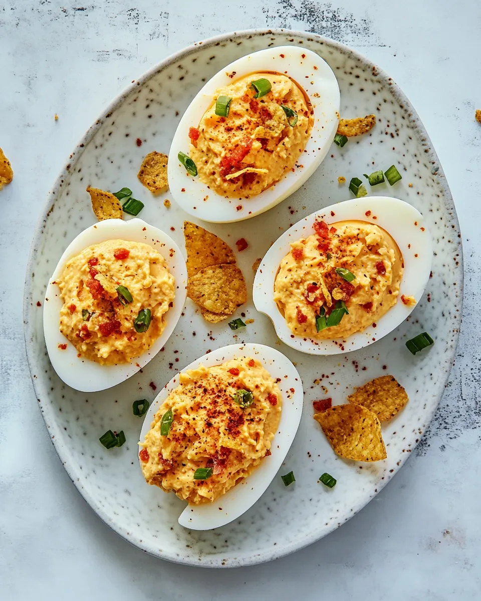 Ultimate Pimento Cheese Deviled Eggs with Crushed Potato Chips. photo