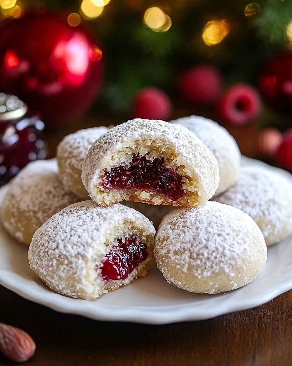 Tasty Raspberry Almond Snowball Cookies (jam stuffed snowballs) food shot