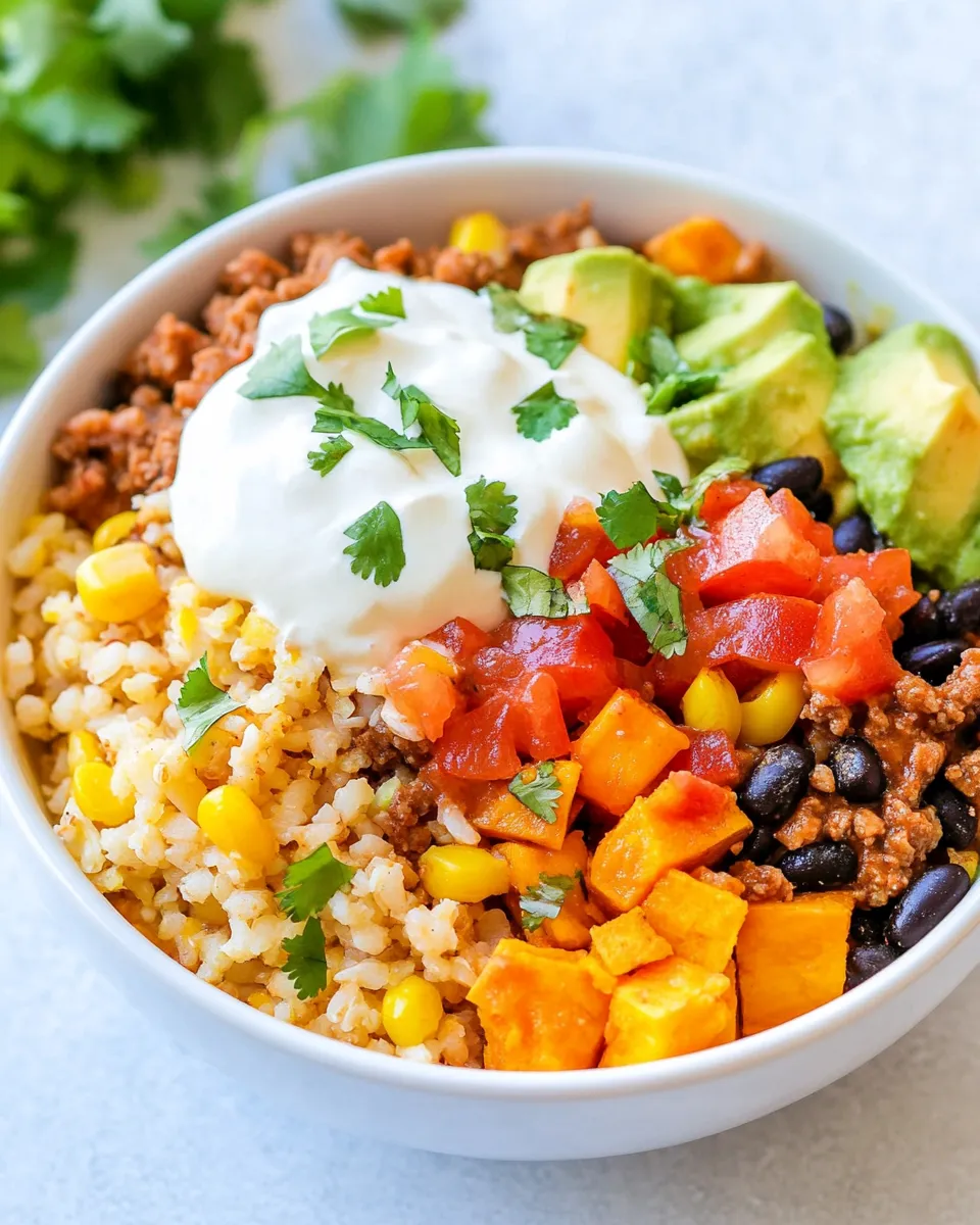 Homemade Riced Cauliflower and Sweet Potato Beef Burrito Bowls photo