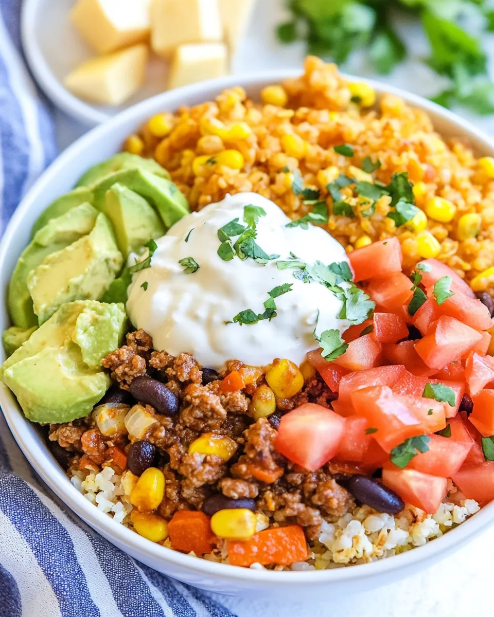 Delicious Riced Cauliflower and Sweet Potato Beef Burrito Bowls image