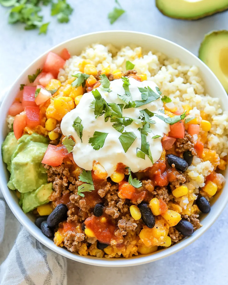 Healthy Riced Cauliflower and Sweet Potato Beef Burrito Bowls recipe photo
