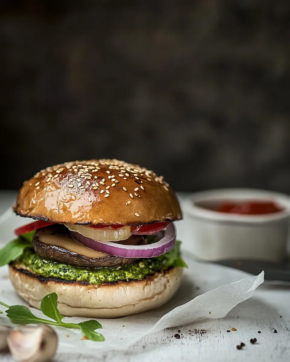 Homemade Roasted brown mushroom burger with pesto photo