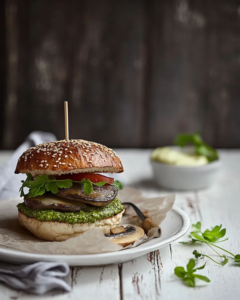 Classic Roasted brown mushroom burger with pesto image