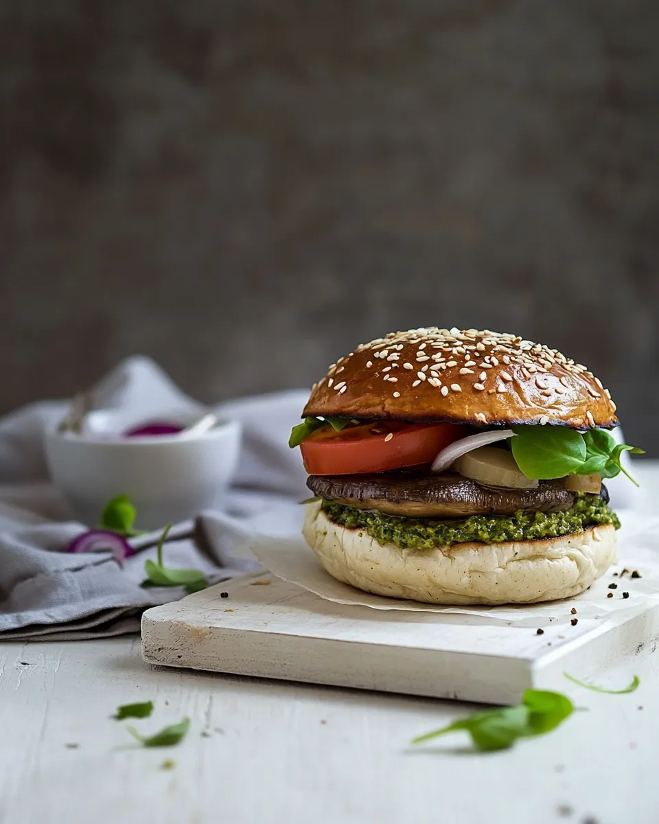 Delicious Roasted brown mushroom burger with pesto shot