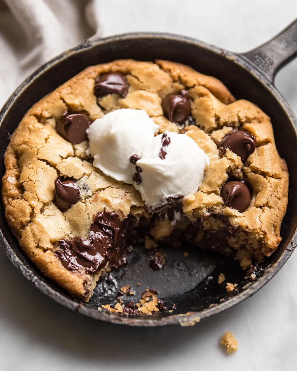 Healthy Salted Chewy Gooey Chocolate Chip Skillet Cookie. food shot