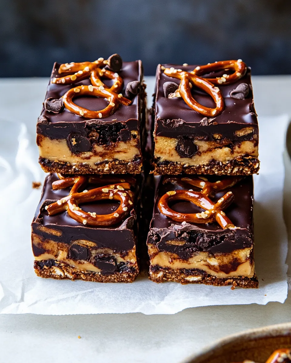 Tasty Salted Pretzel Chocolate Chip Cookie Snickers Bars. shot