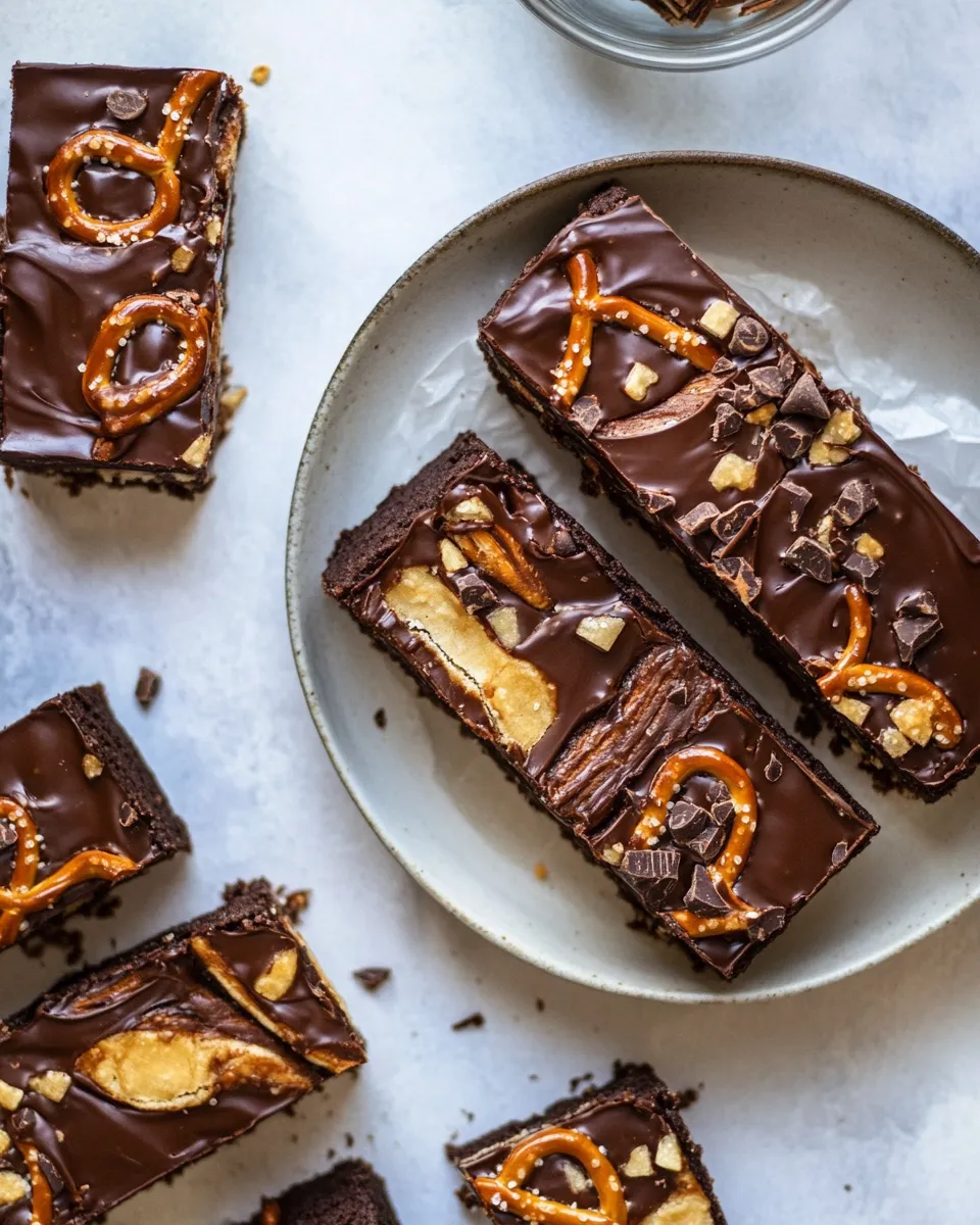 Simple Salted Pretzel Chocolate Chip Cookie Snickers Bars. dish image