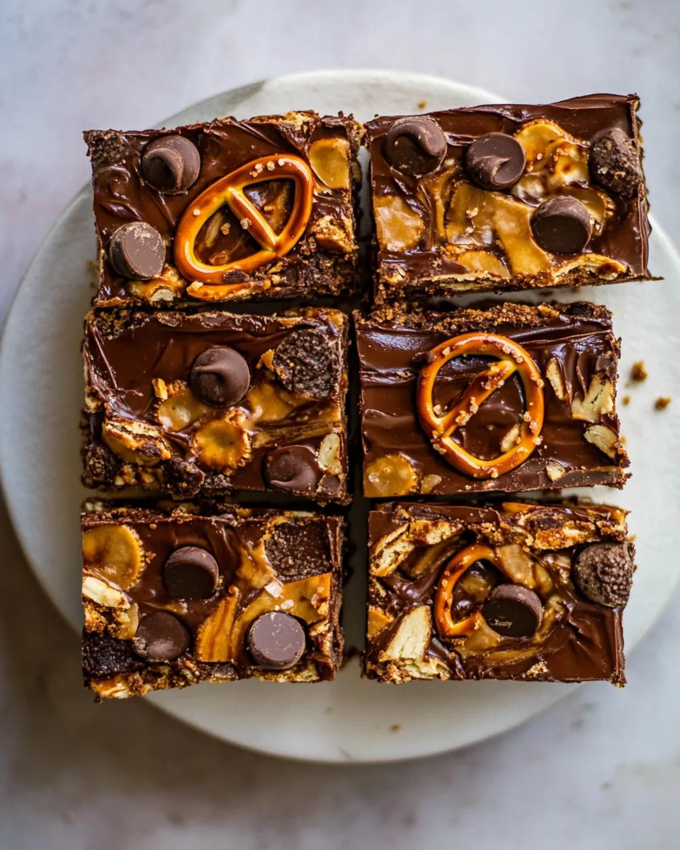 Amazing Salted Pretzel Chocolate Chip Cookie Snickers Bars. picture