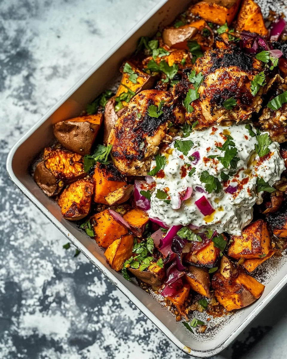 Delicious Sheet Pan Chicken Tzatzikiand Sweet Potatoes. image