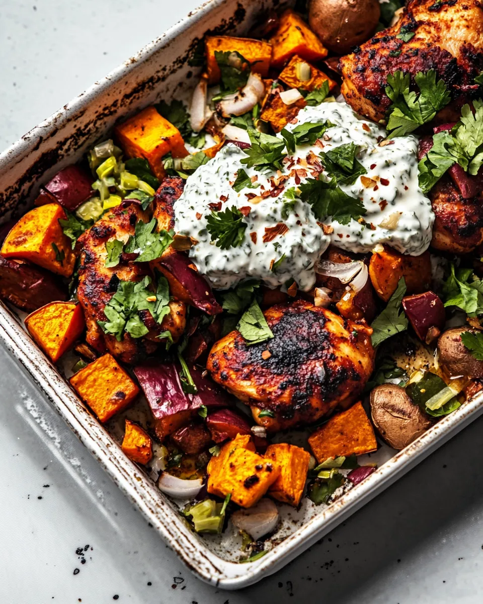 Homemade Sheet Pan Chicken Tzatzikiand Sweet Potatoes. recipe photo