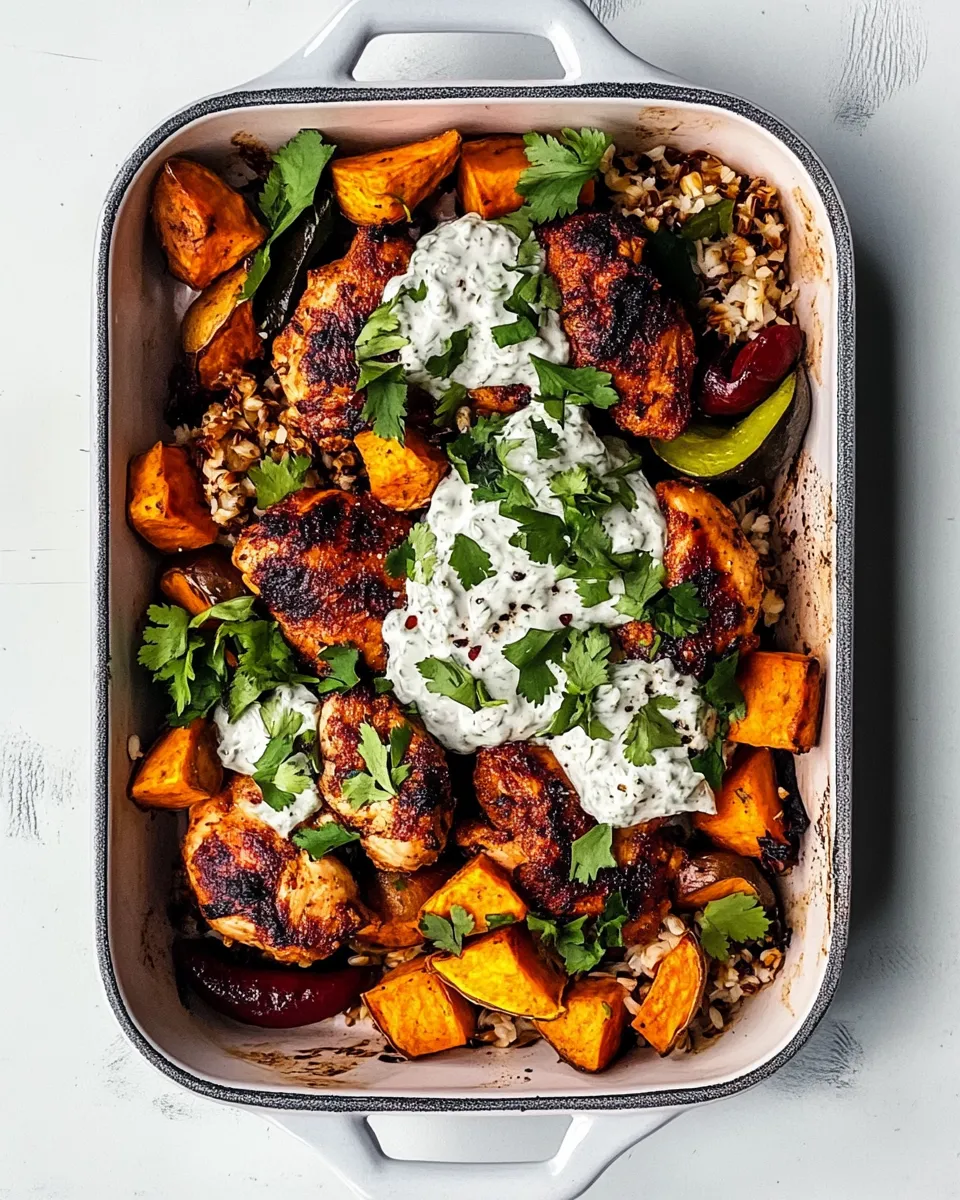 Healthy Sheet Pan Chicken Tzatzikiand Sweet Potatoes. shot